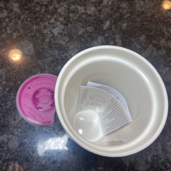 Starbucks 2022 Silver Green Swirl  12oz Tumbler Ceramic Purple Lid - Picture 4 of 5